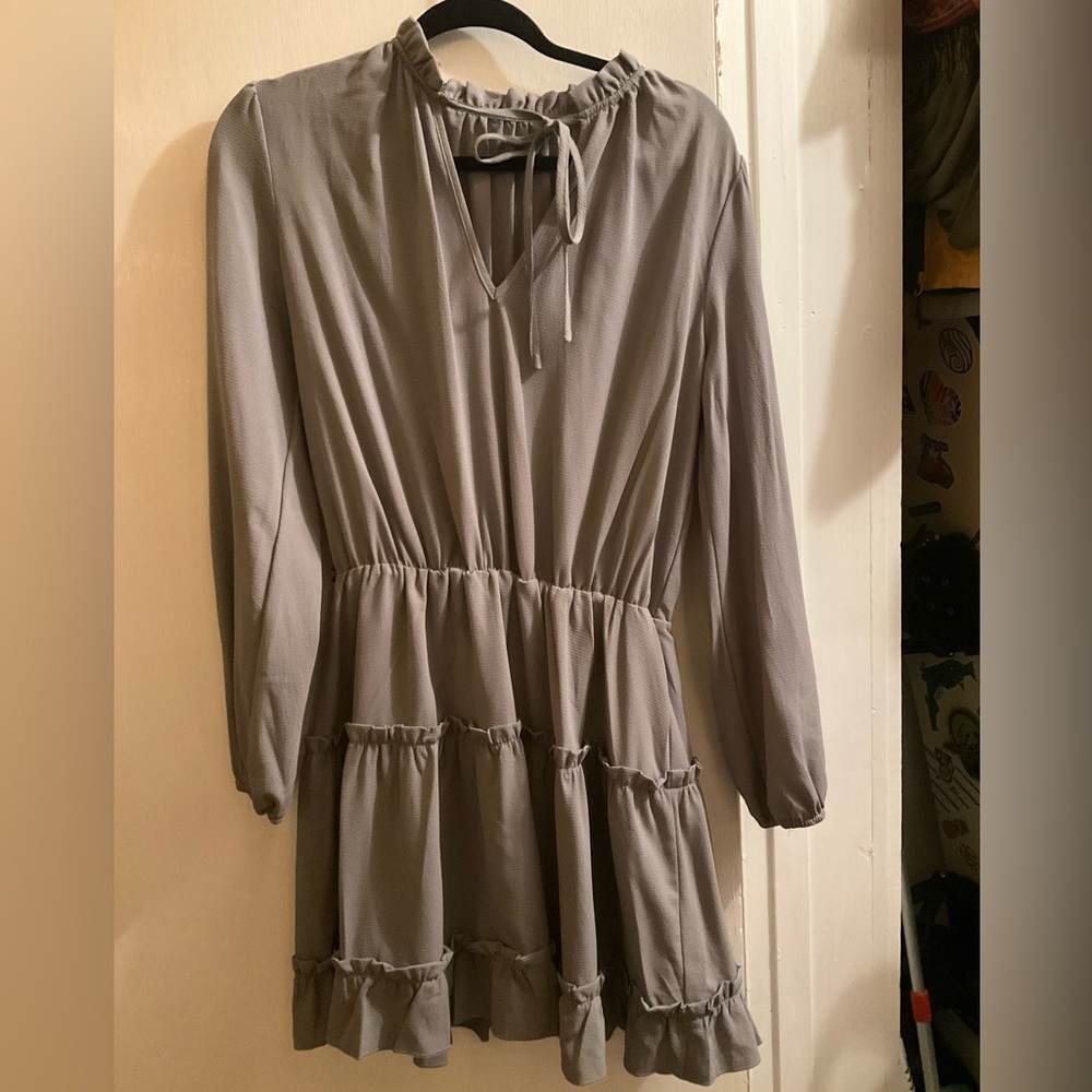 Gray blue Long Sleeve Ruffle Dress